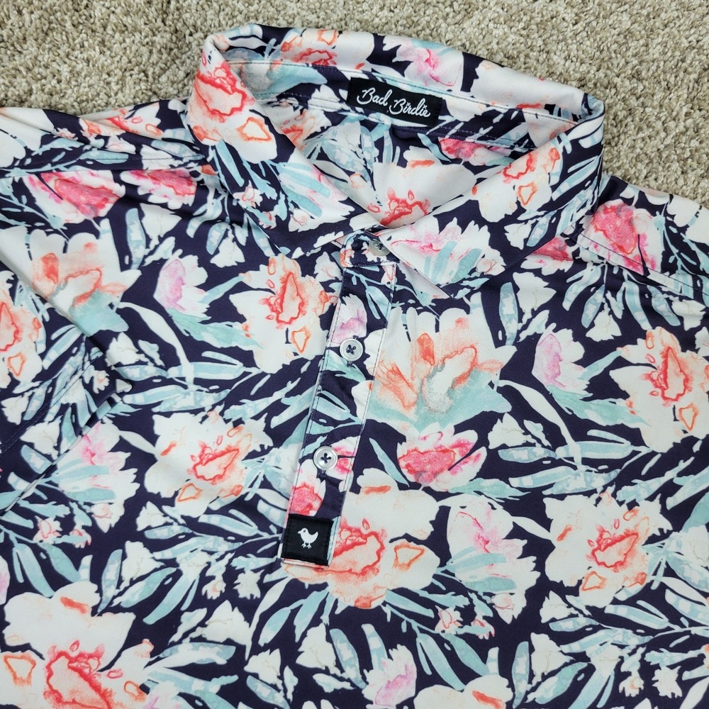 Bad Birdie Mens Large Multicolor AOP Floral Performance Stretch Golf Polo SS